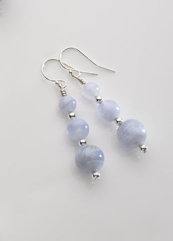 Blue Lace Agate 3-bead Earrings with Sterling Silver