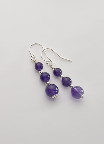 Amethyst (mid-tone) 3-bead Earrings with Sterling Silver