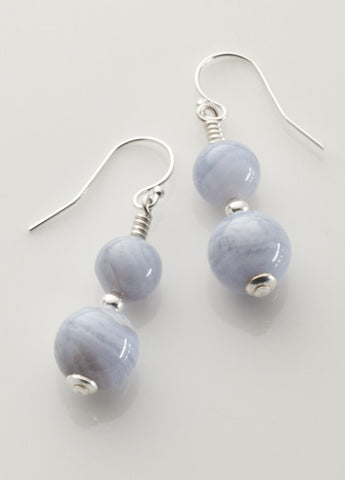 Blue Lace Agate 2-bead Earrings with Sterling Silver