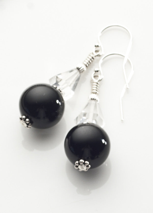 Black Onyx and Clear Quartz Crystal Earrings *1 with Sterling Silver