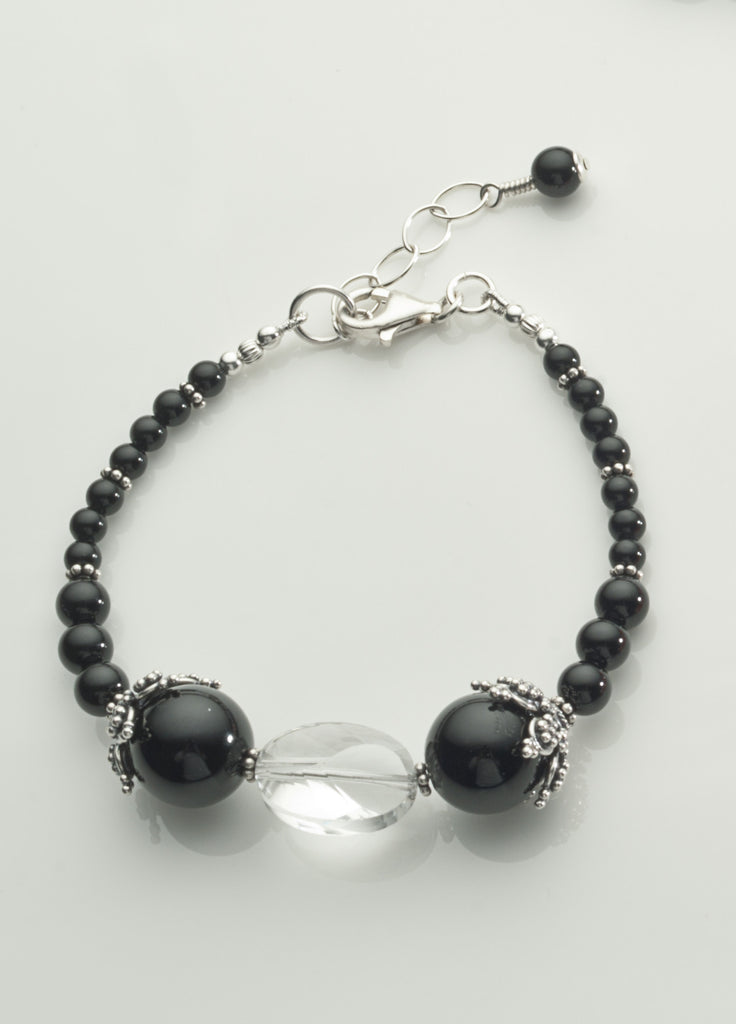 Black Onyx and Clear Quartz Crystal Bracelet with Sterling Silver
