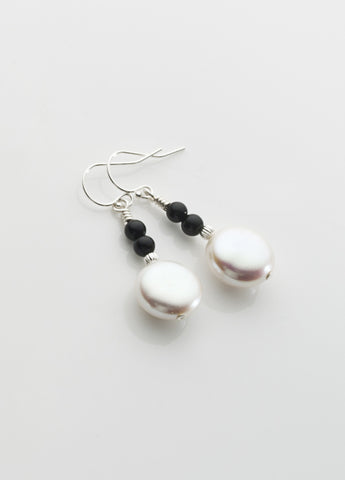 Freshwater pearl coin and black onyx earrings with sterling silver