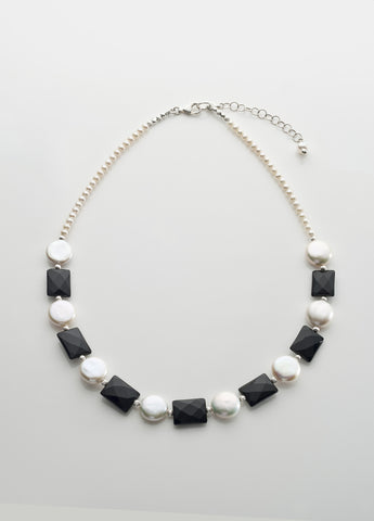 Freshwater pearl coins and faceted black onyx necklace with sterling silver