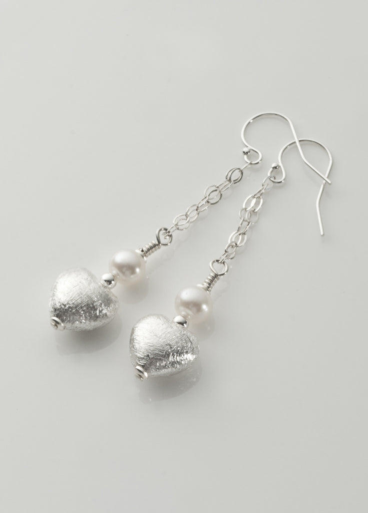 Silver and pearl heart drop earrings