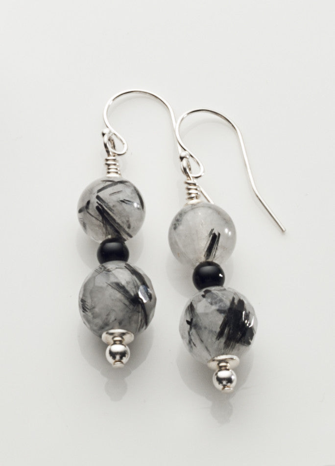 Tourmalinated quartz with black onyx 2-stone earrings with sterling silver