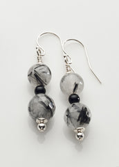 Tourmalinated Quartz 2-bead Earrings with Sterling Silver