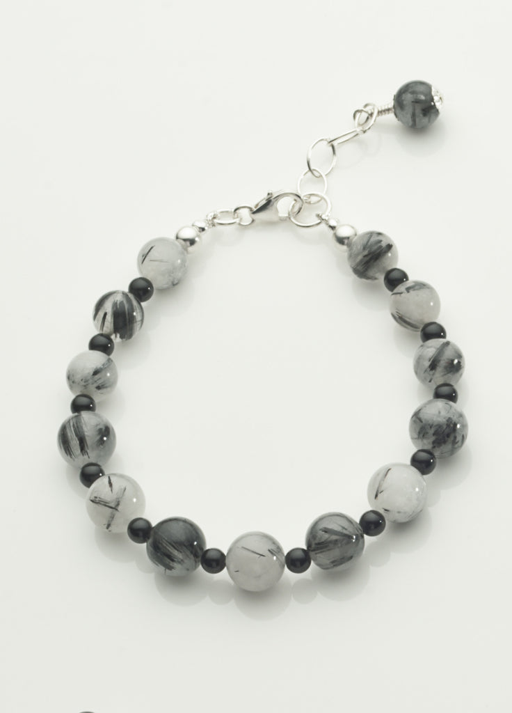 Tourmalinated Quartz and Black Onyx Bracelet with sterling silver
